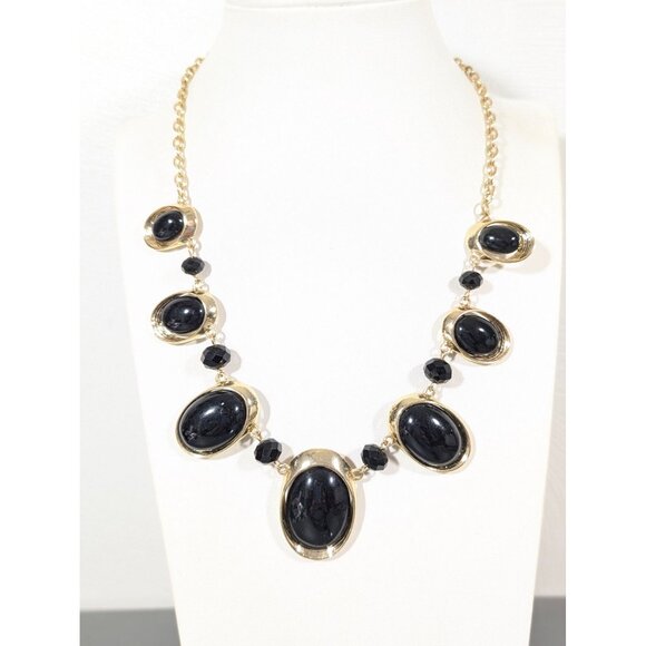 Charming Charlie Black Oval Cabochon Gold Tone Statement Necklace 23" - Picture 1 of 8